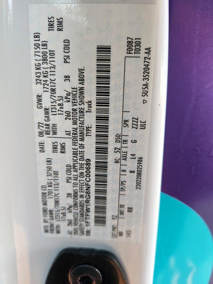 2022 Ford F150 Raptor VIN: 1FTFW1RG8NFC00689 Lot: 90052195