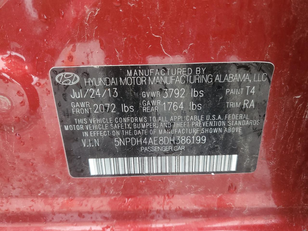 2013 Hyundai Elantra Gls VIN: 5NPDH4AE8DH386199 Lot: 85355645