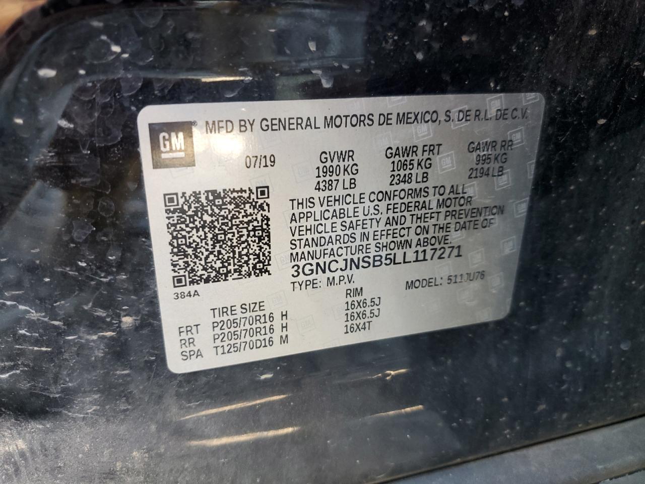 2020 Chevrolet Trax Ls VIN: 3GNCJNSB5LL117271 Lot: 82462015