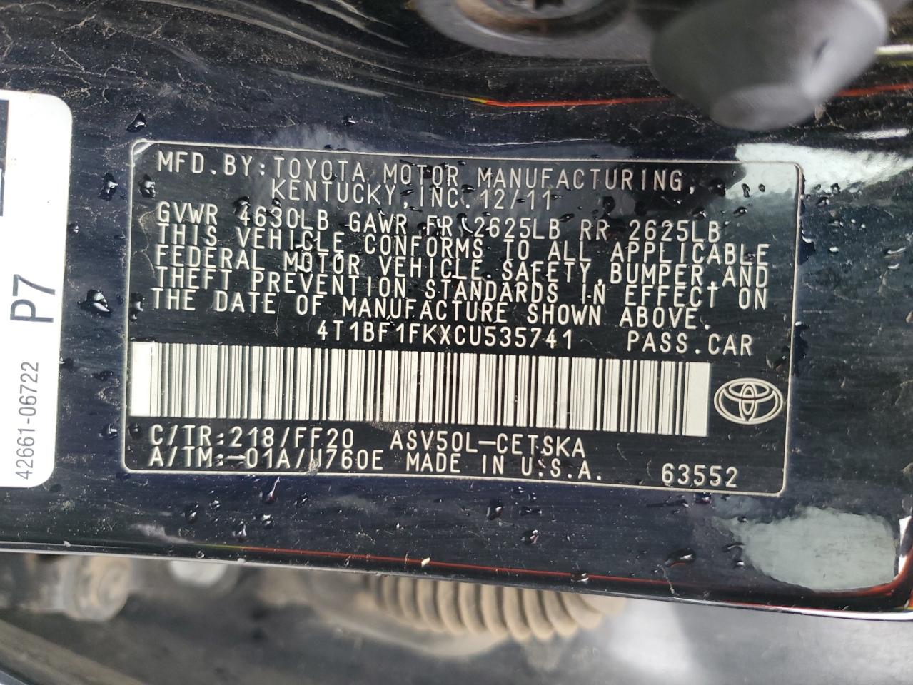 2012 Toyota Camry Base VIN: 4T1BF1FKXCU535741 Lot: 82511885