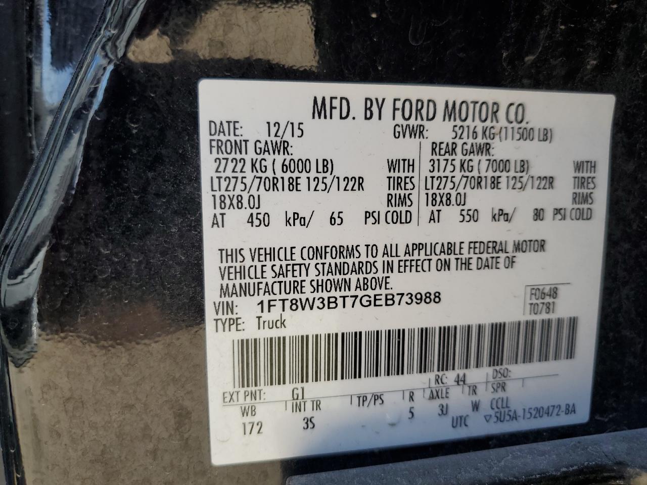 2016 Ford F350 Super Duty VIN: 1FT8W3BT7GEB73988 Lot: 84986915