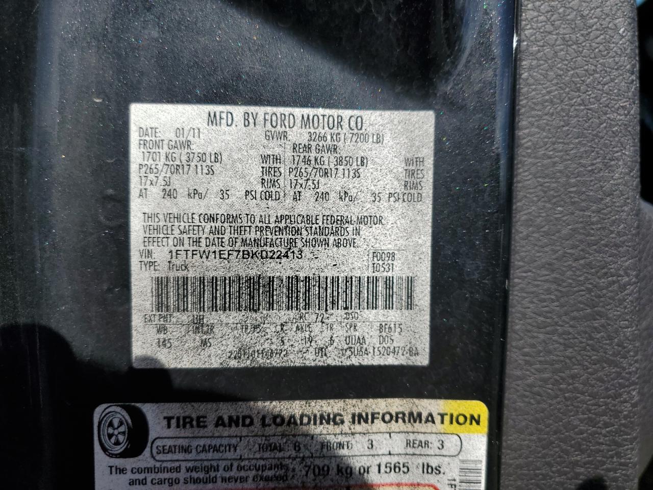 2011 Ford F150 Supercrew VIN: 1FTFW1EF7BKD22413 Lot: 81991005