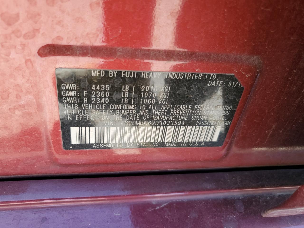 2013 Subaru Legacy 2.5I Premium VIN: 4S3BMBC62D3033594 Lot: 82573635