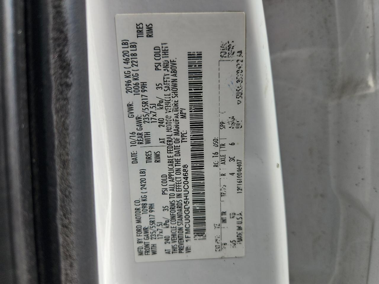 2017 Ford Escape Se VIN: 1FMCU0GD5HUC04688 Lot: 85164185