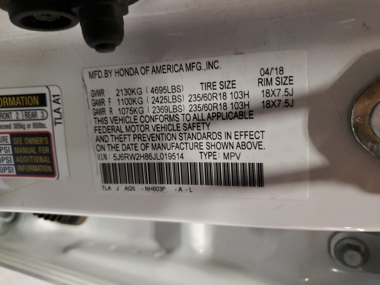 2018 Honda Cr-V Exl VIN: 5J6RW2H86JL019514 Lot: 81964385