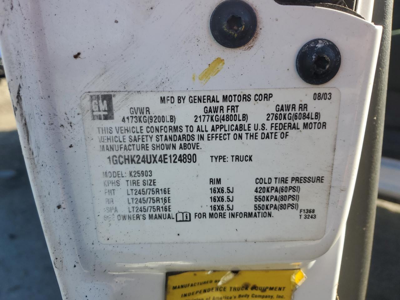 2004 Chevrolet Silverado K2500 Heavy Duty VIN: 1GCHK24UX4E124890 Lot: 91020595