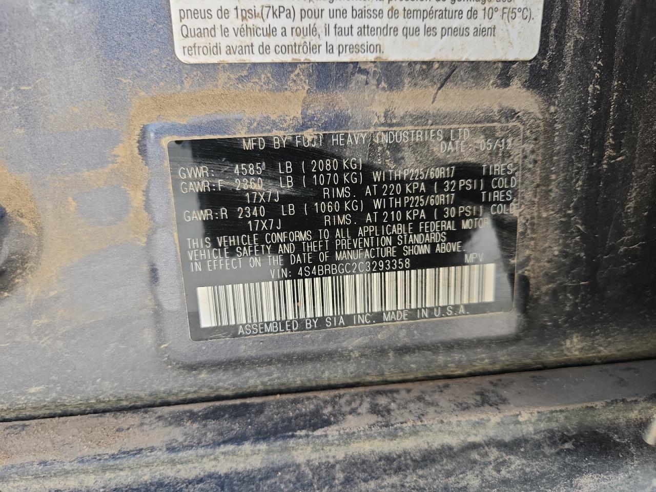 2012 Subaru Outback 2.5I Premium VIN: 4S4BRBGC2C3293358 Lot: 84261915