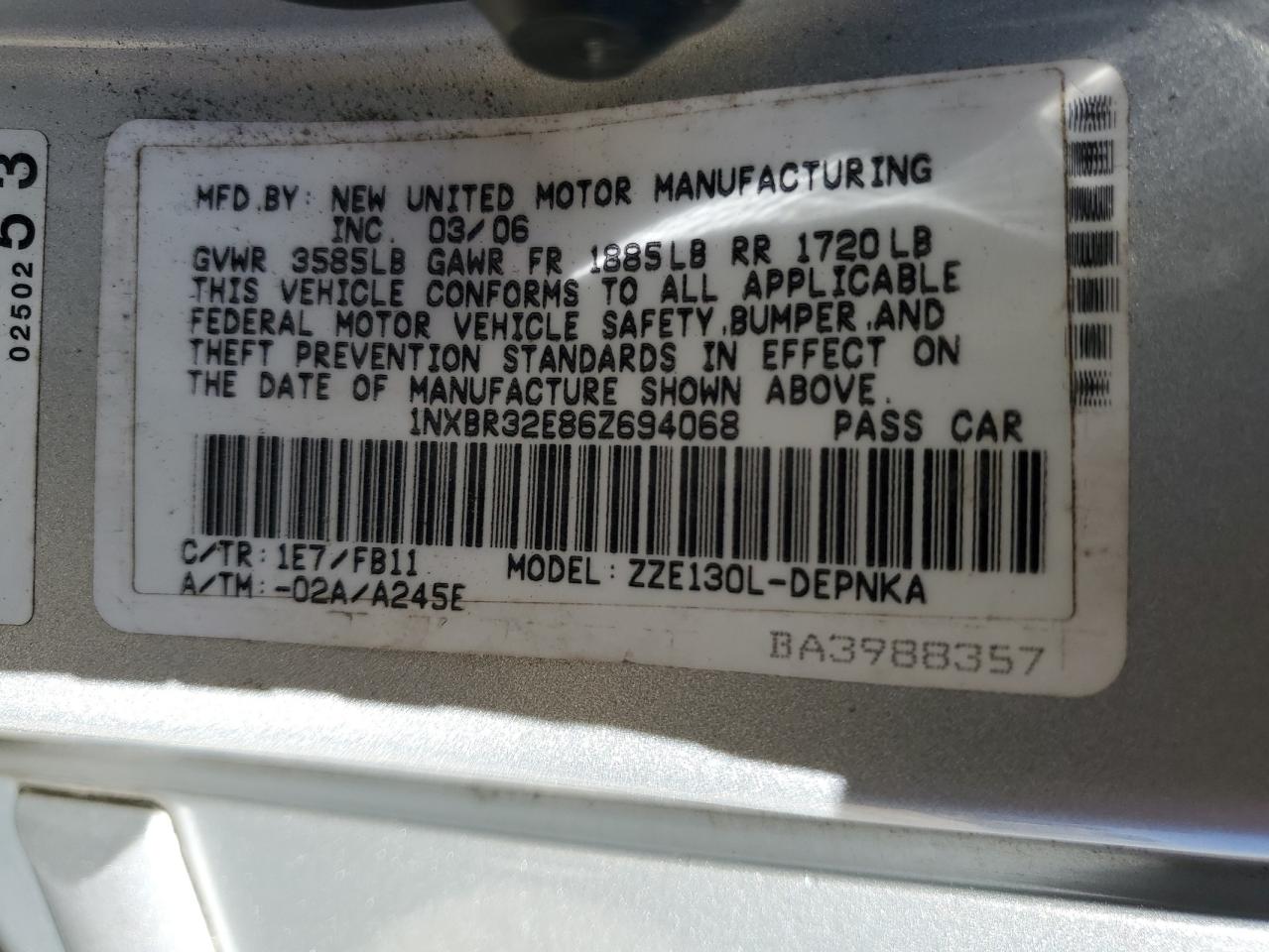 2006 Toyota Corolla Ce VIN: 1NXBR32E86Z694068 Lot: 86178895