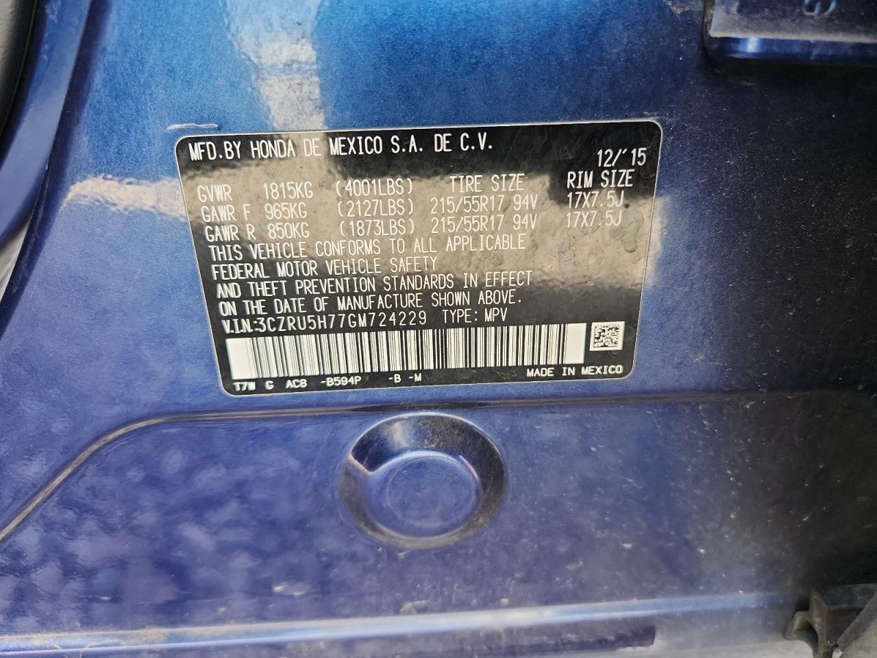 2016 Honda Hr-V Exl VIN: 3CZRU5H77GM724229 Lot: 86295555