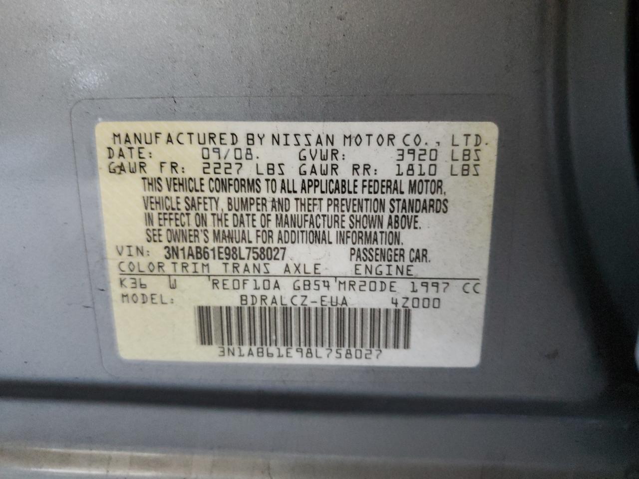 2008 Nissan Sentra 2.0 VIN: 3N1AB61E98L758027 Lot: 86118325