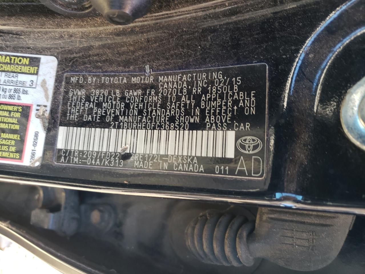 2015 Toyota Corolla L VIN: 2T1BURHE0FC368520 Lot: 85011735