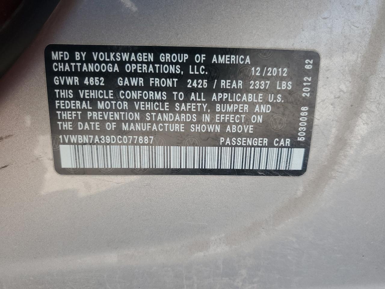 2013 Volkswagen Passat Se VIN: 1VWBN7A39DC077687 Lot: 86124095