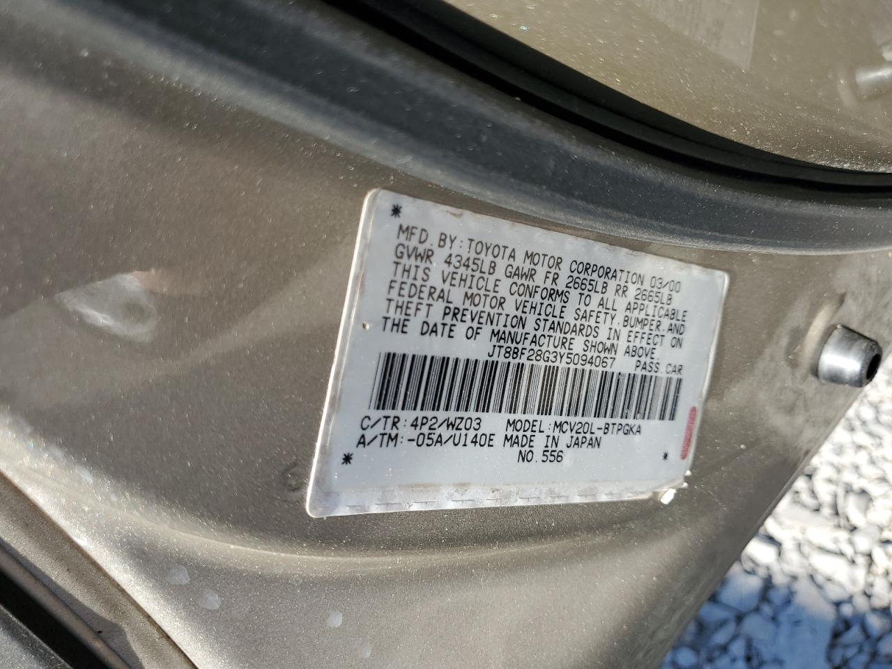 2000 Lexus Es 300 VIN: JT8BF28G3Y5094067 Lot: 85300975