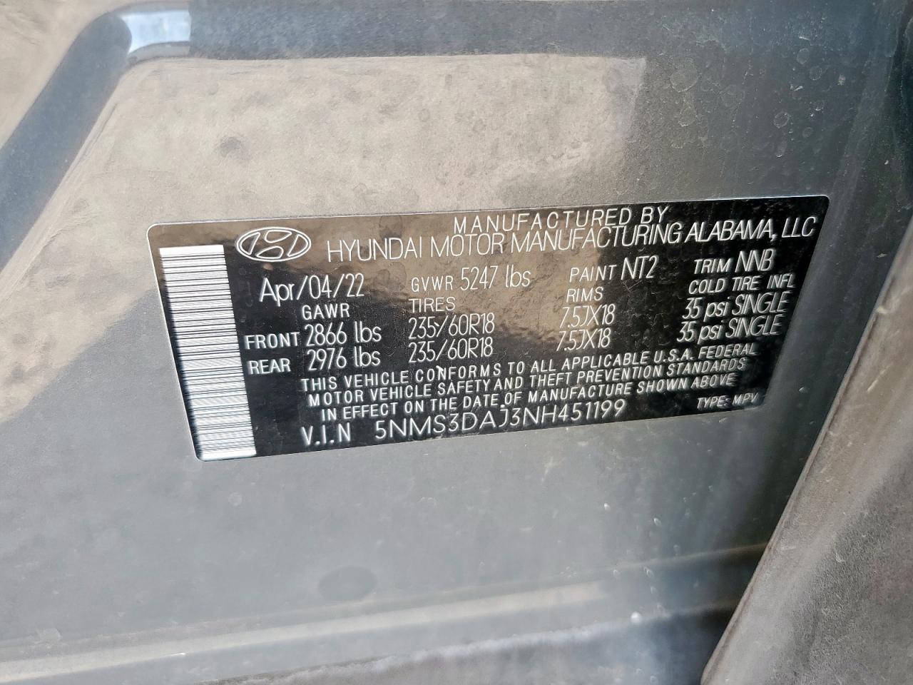 2022 Hyundai Santa Fe Sel VIN: 5NMS3DAJ3NH451199 Lot: 84989025