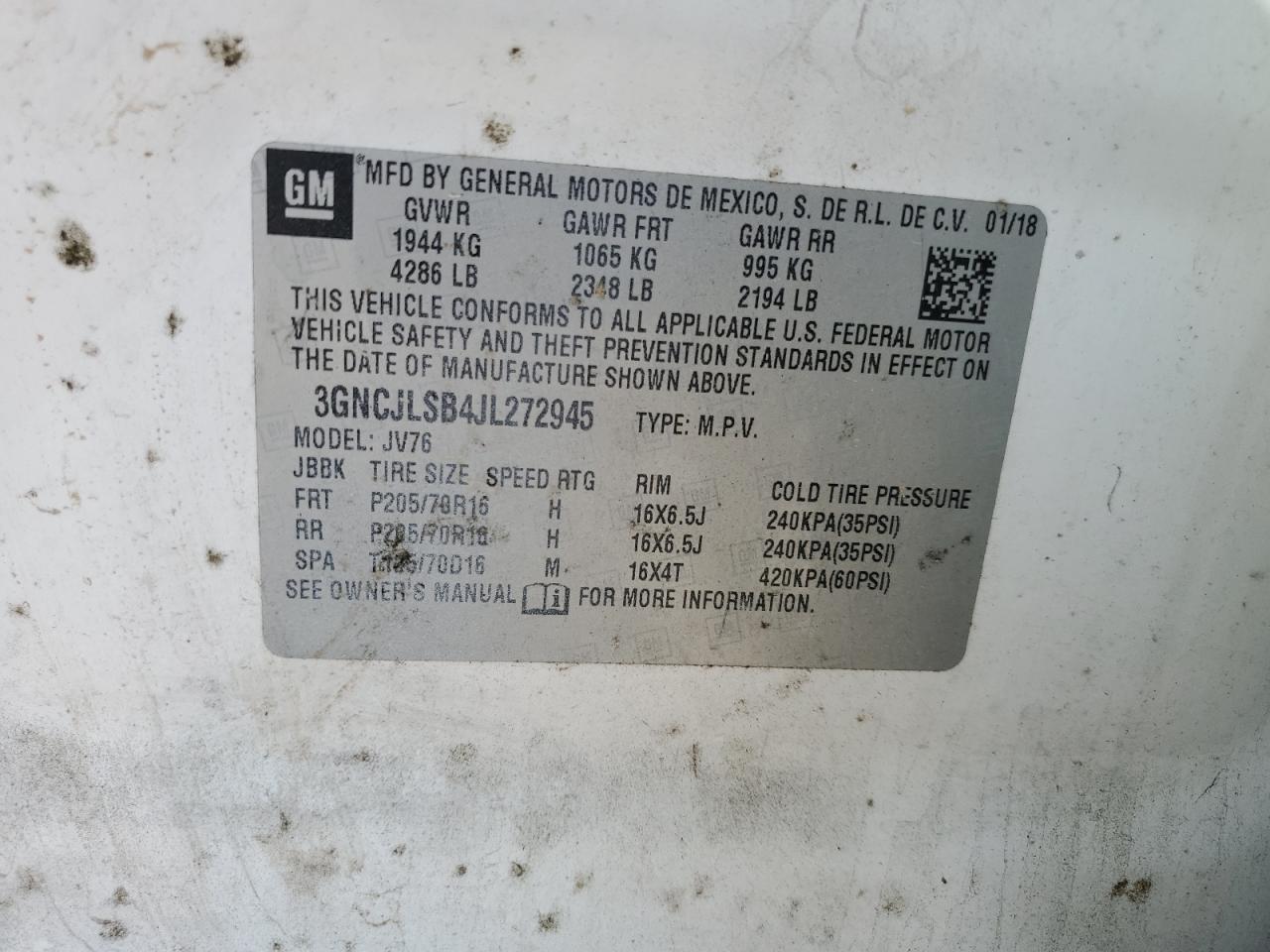 2018 Chevrolet Trax 1Lt VIN: 3GNCJLSB4JL272945 Lot: 86838085