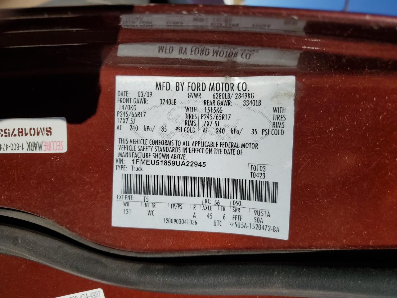 2009 Ford Explorer Sport Trac Xlt VIN: 1FMEU51859UA22945 Lot: 90104345