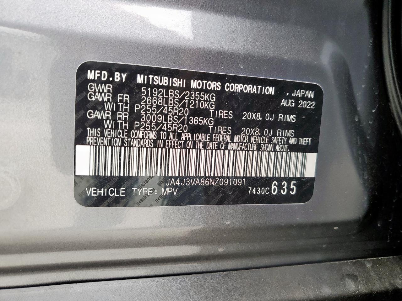 2022 Mitsubishi Outlander Sel VIN: JA4J3VA86NZ091091 Lot: 85395885