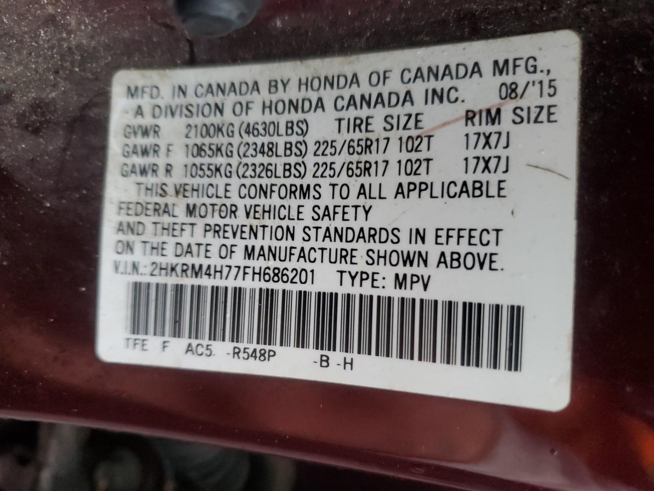 2015 Honda Cr-V Exl VIN: 2HKRM4H77FH686201 Lot: 90103325