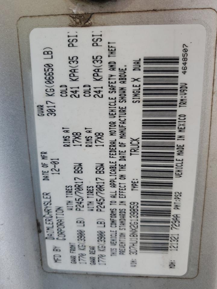 2002 Dodge Ram 1500 VIN: 3D7HU18NX2G139859 Lot: 86078365