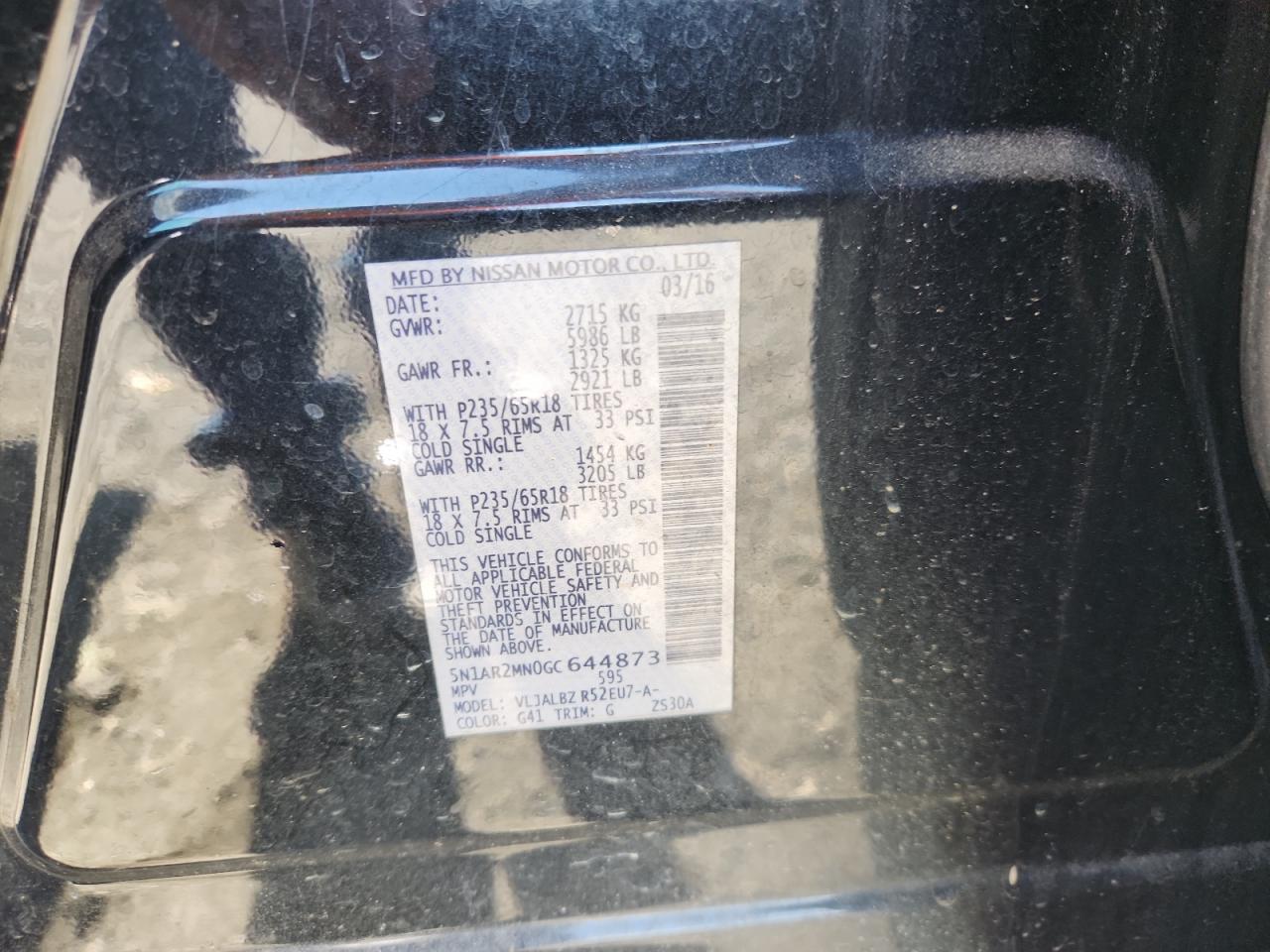 2016 Nissan Pathfinder S VIN: 5N1AR2MN0GC644873 Lot: 81897815