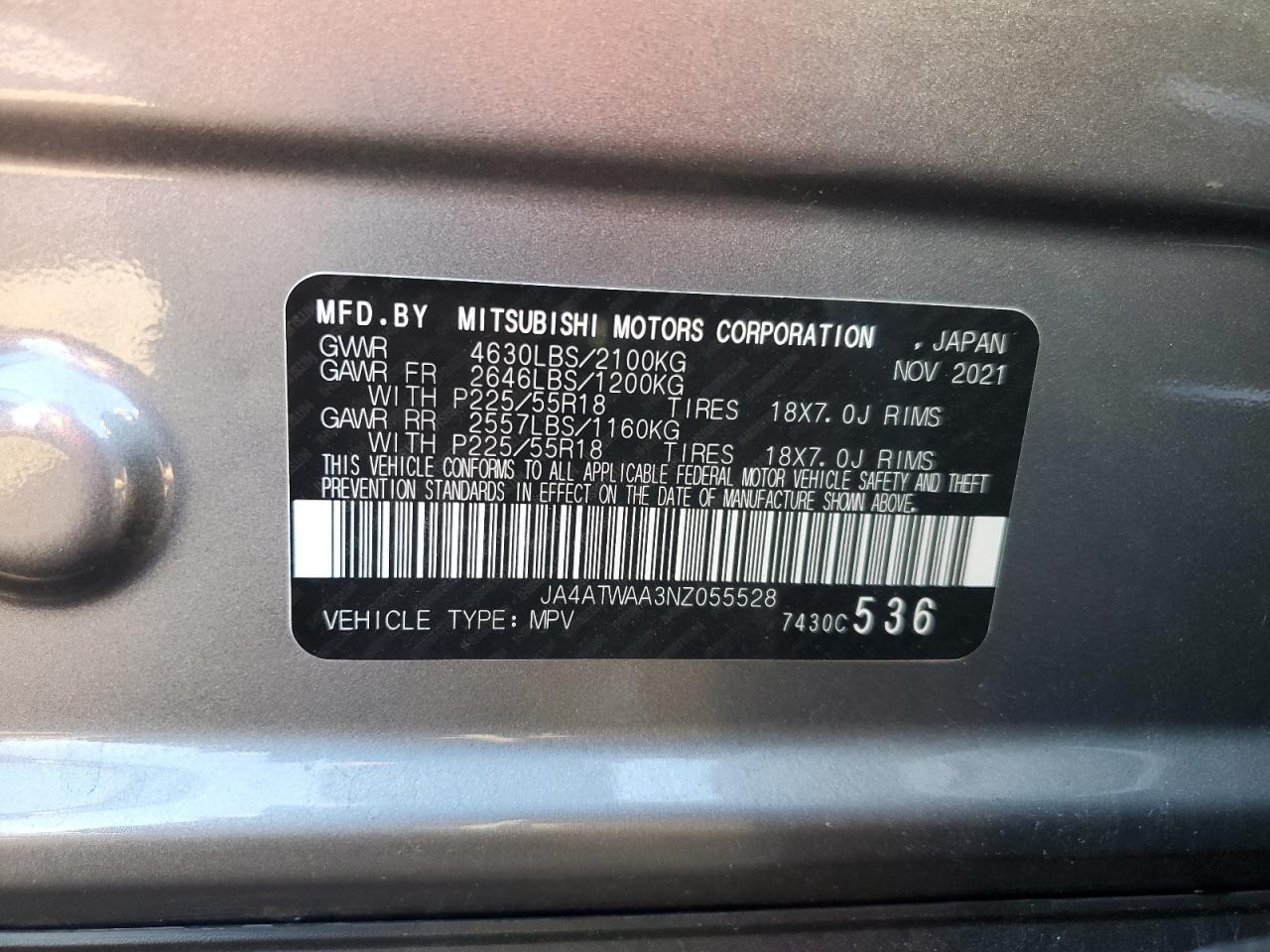 2022 Mitsubishi Eclipse Cross Se VIN: JA4ATWAA3NZ055528 Lot: 86791665