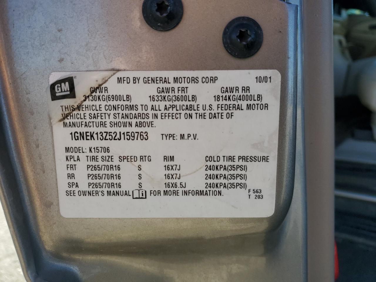 2002 Chevrolet Tahoe K1500 VIN: 1GNEK13Z52J159763 Lot: 90123645