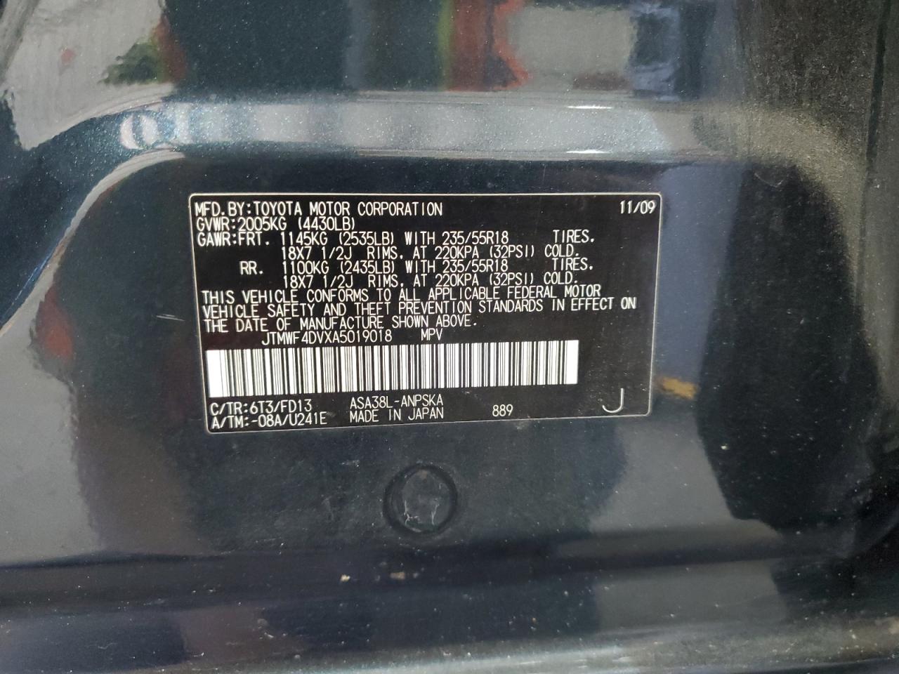 2010 Toyota Rav4 Sport VIN: JTMWF4DVXA5019018 Lot: 82279935