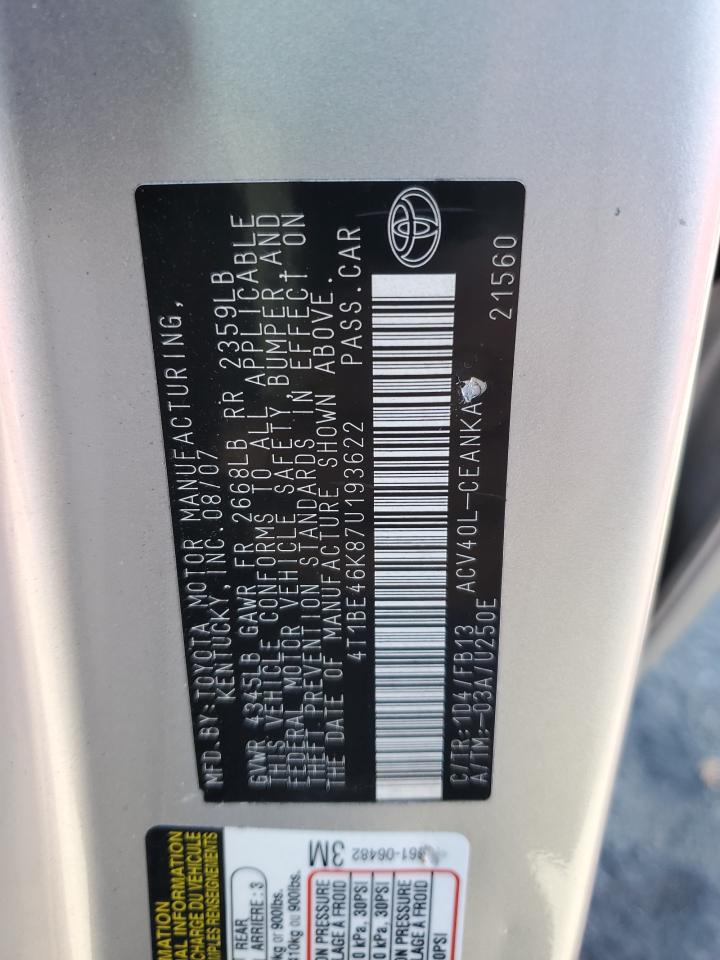 2007 Toyota Camry Ce VIN: 4T1BE46K87U193622 Lot: 84999215