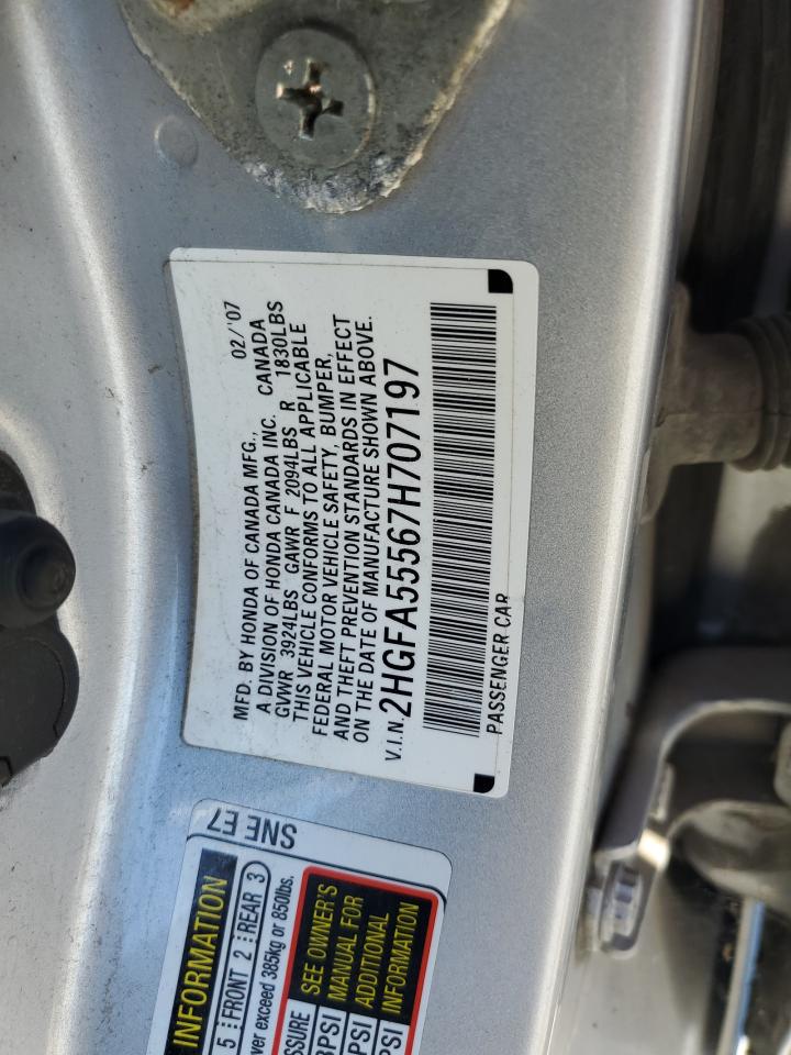 2007 Honda Civic Si VIN: 2HGFA55567H707197 Lot: 84916995