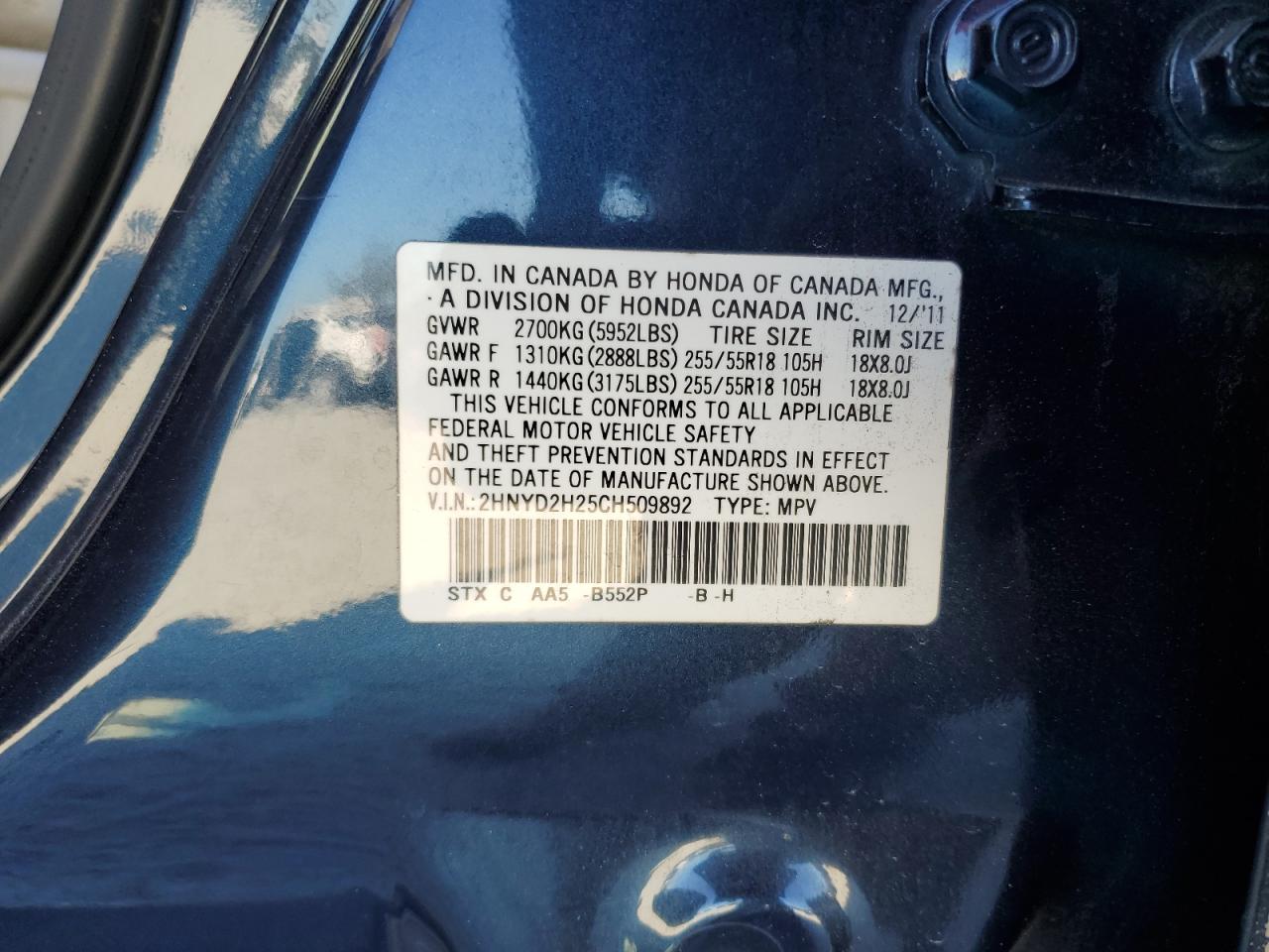 2012 Acura Mdx VIN: 2HNYD2H25CH509892 Lot: 86704665