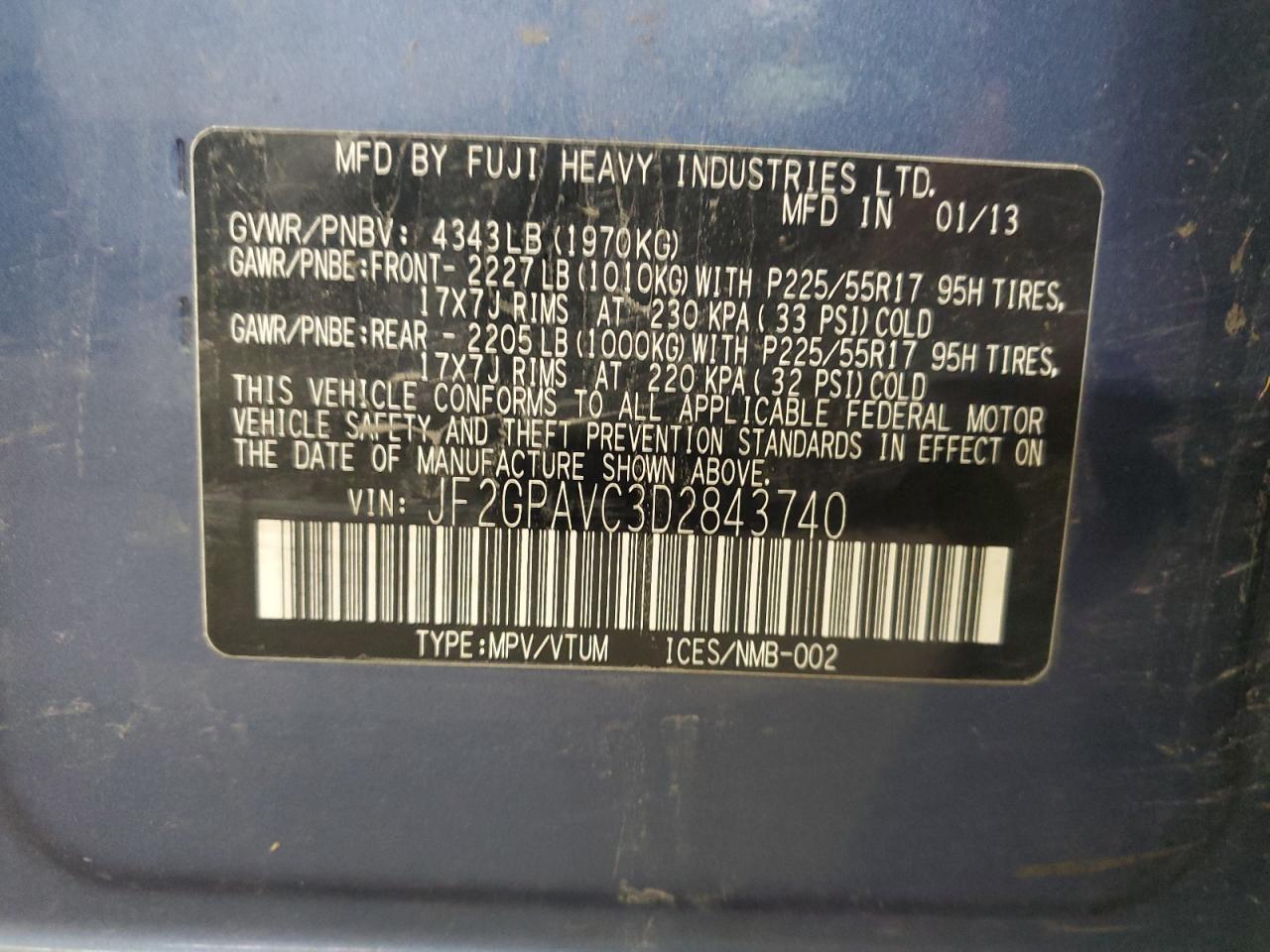 2013 Subaru Xv Crosstrek 2.0 Premium VIN: JF2GPAVC3D2843740 Lot: 86613145