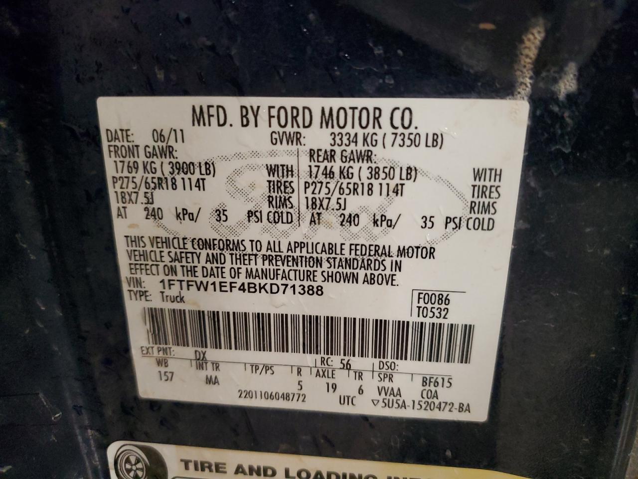 2011 Ford F150 Supercrew VIN: 1FTFW1EF4BKD71388 Lot: 86085505