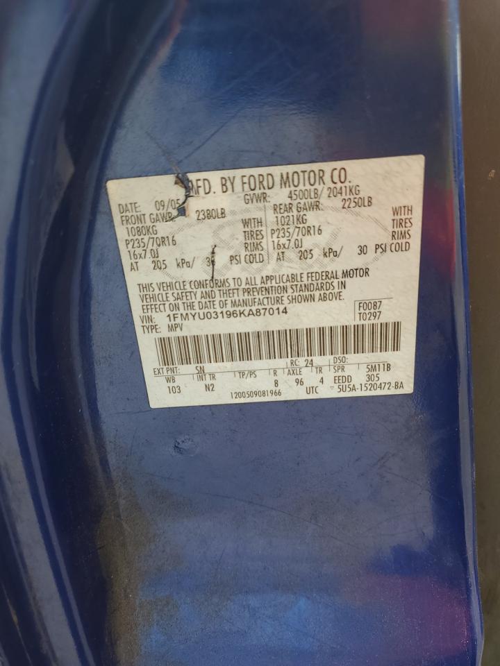 2006 Ford Escape Xlt VIN: 1FMYU03196KA87014 Lot: 86074035