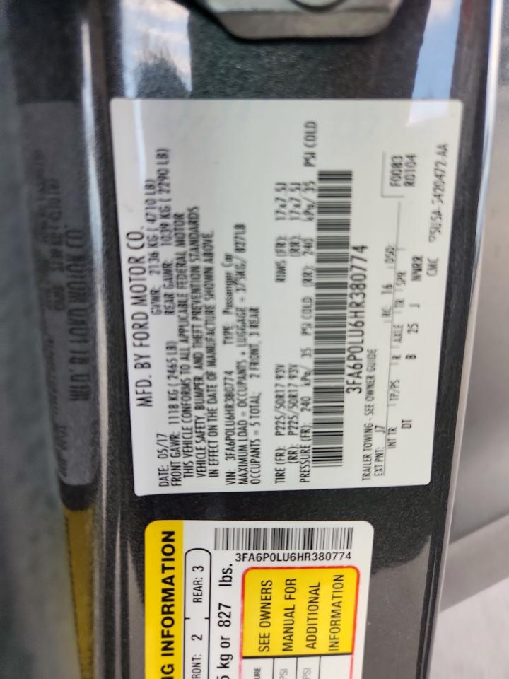 2017 Ford Fusion Se Hybrid VIN: 3FA6P0LU6HR380774 Lot: 85929785