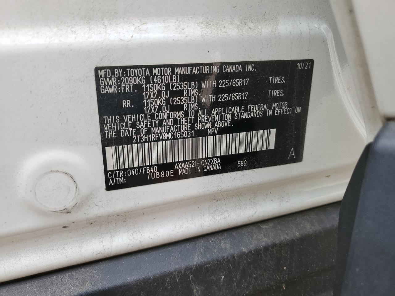 2021 Toyota Rav4 Le VIN: 2T3H1RFV8MC165031 Lot: 85498505