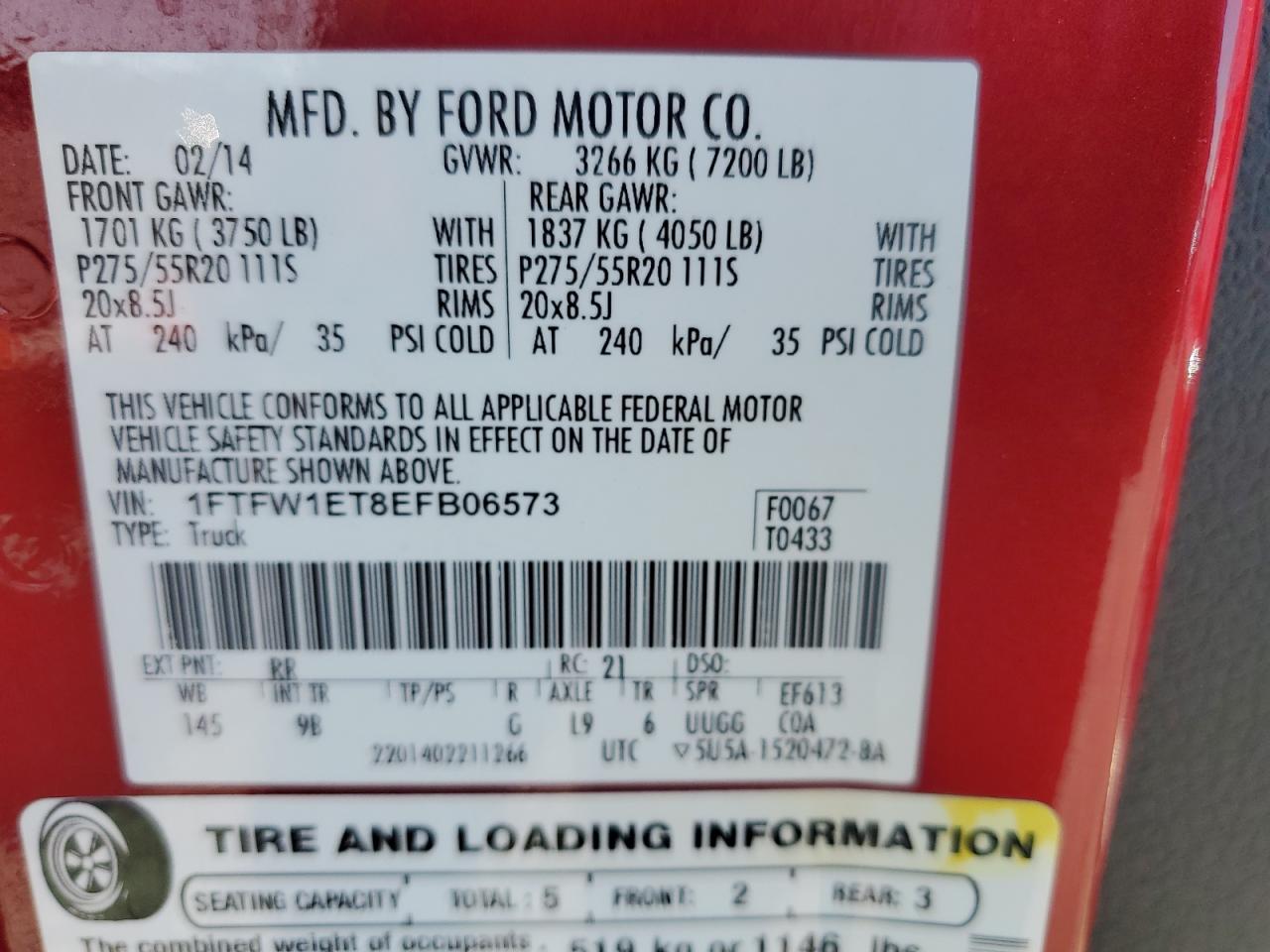 2014 Ford F150 Supercrew VIN: 1FTFW1ET8EFB06573 Lot: 90263455