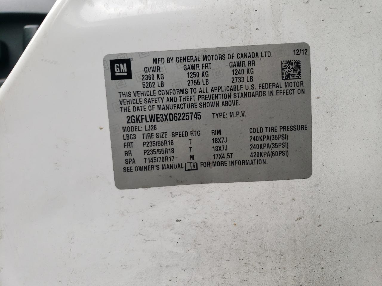 2013 GMC Terrain Slt VIN: 2GKFLWE3XD6225745 Lot: 90054635