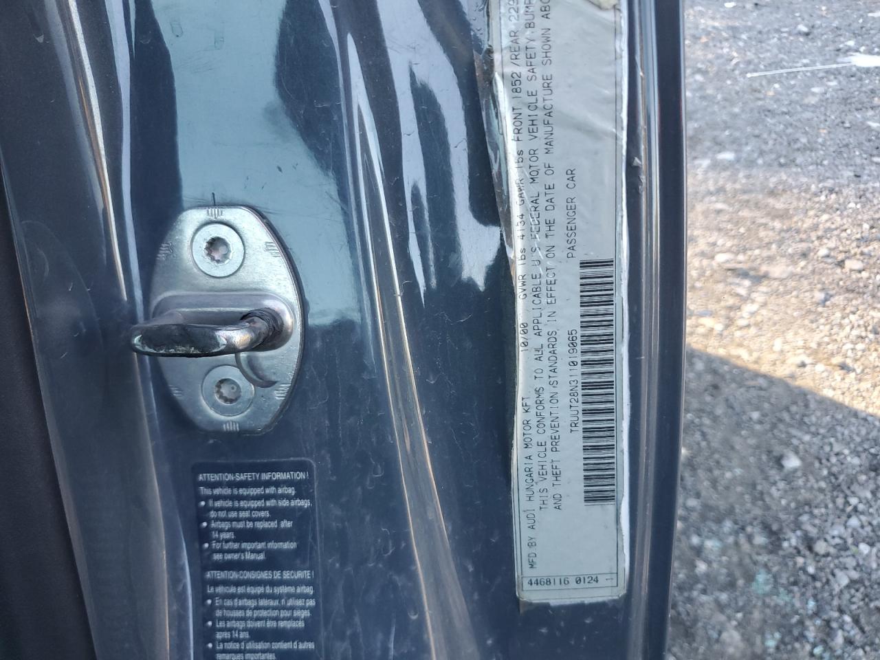 2001 Audi Tt Quattro VIN: TRUUT28N311019065 Lot: 82264425