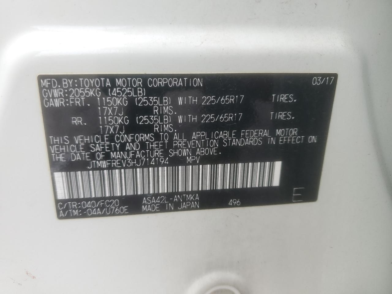 2017 Toyota Rav4 Xle VIN: JTMWFREV3HJ714194 Lot: 86281775