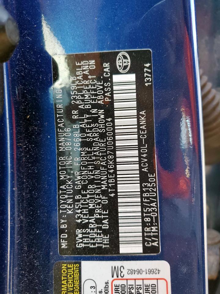 2007 Toyota Camry Ce VIN: 4T1BE46K87U060004 Lot: 82319965