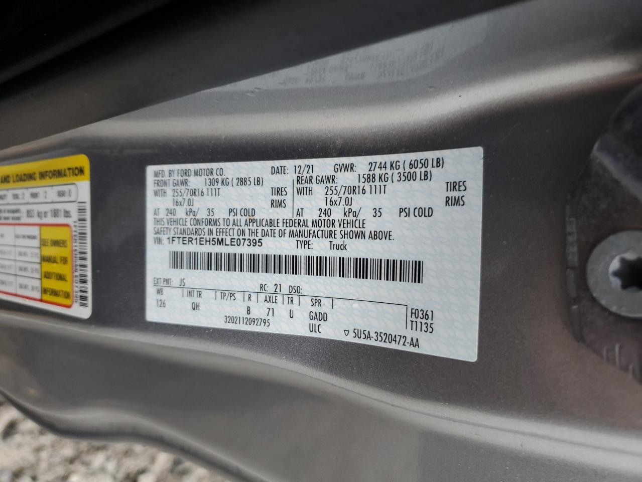 2021 Ford Ranger Xl VIN: 1FTER1EH5MLE07395 Lot: 90311555