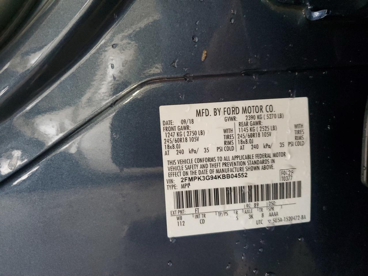 2019 Ford Edge Se VIN: 2FMPK3G94KBB04552 Lot: 89904525