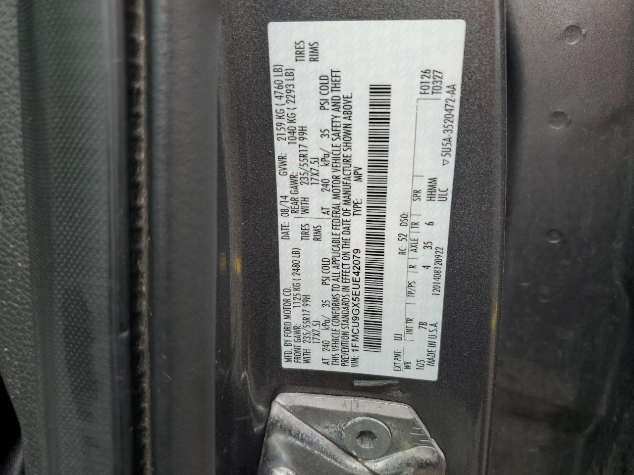 2014 Ford Escape Se VIN: 1FMCU9GX5EUE42079 Lot: 82327285