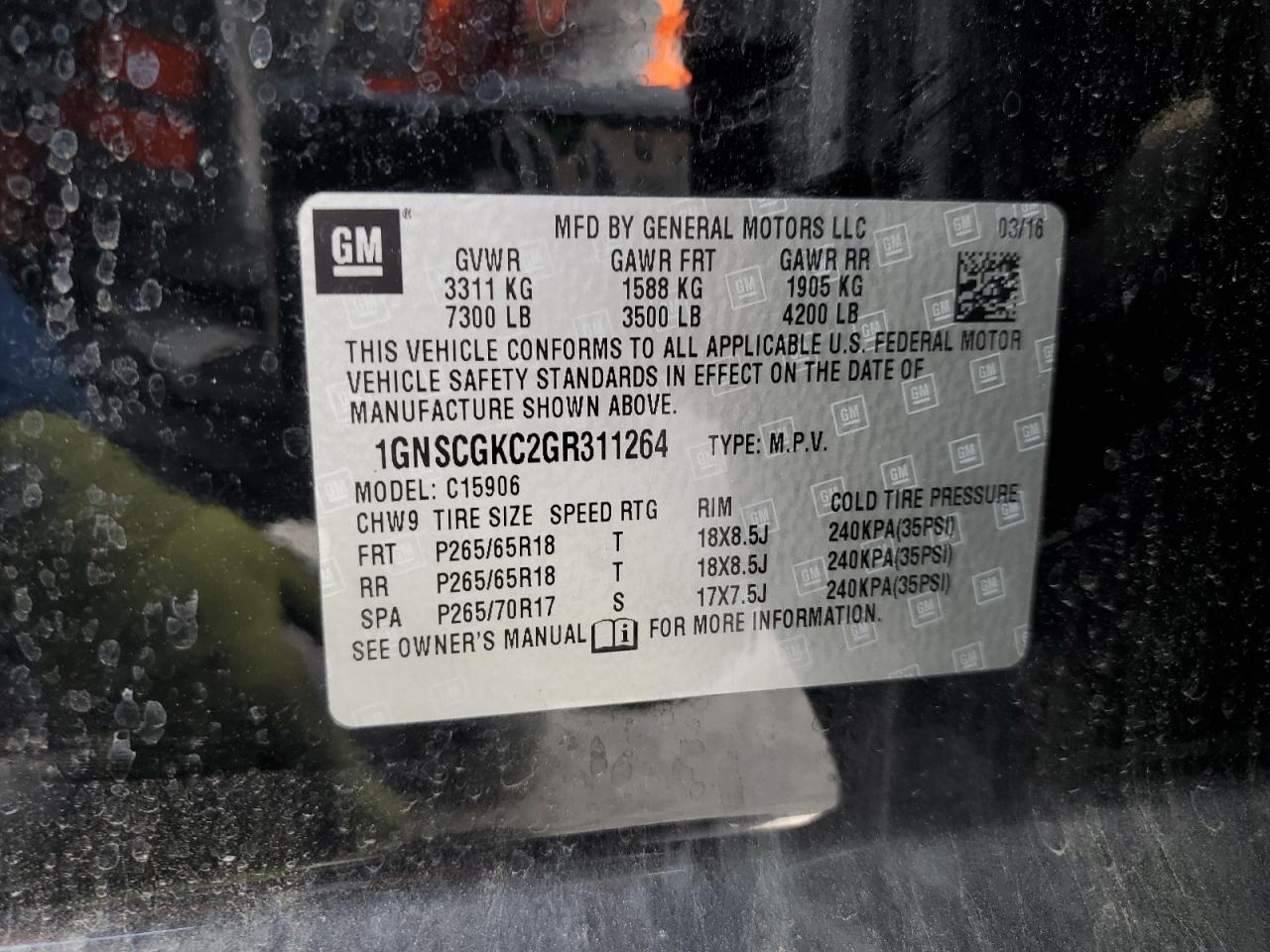 2016 Chevrolet Suburban C1500 Ls VIN: 1GNSCGKC2GR311264 Lot: 85888635