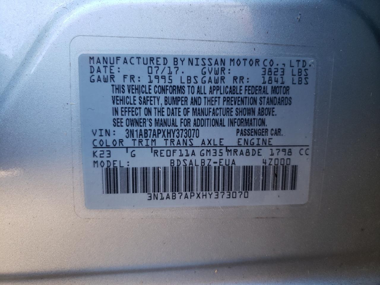 2017 Nissan Sentra S VIN: 3N1AB7APXHY373070 Lot: 90115825