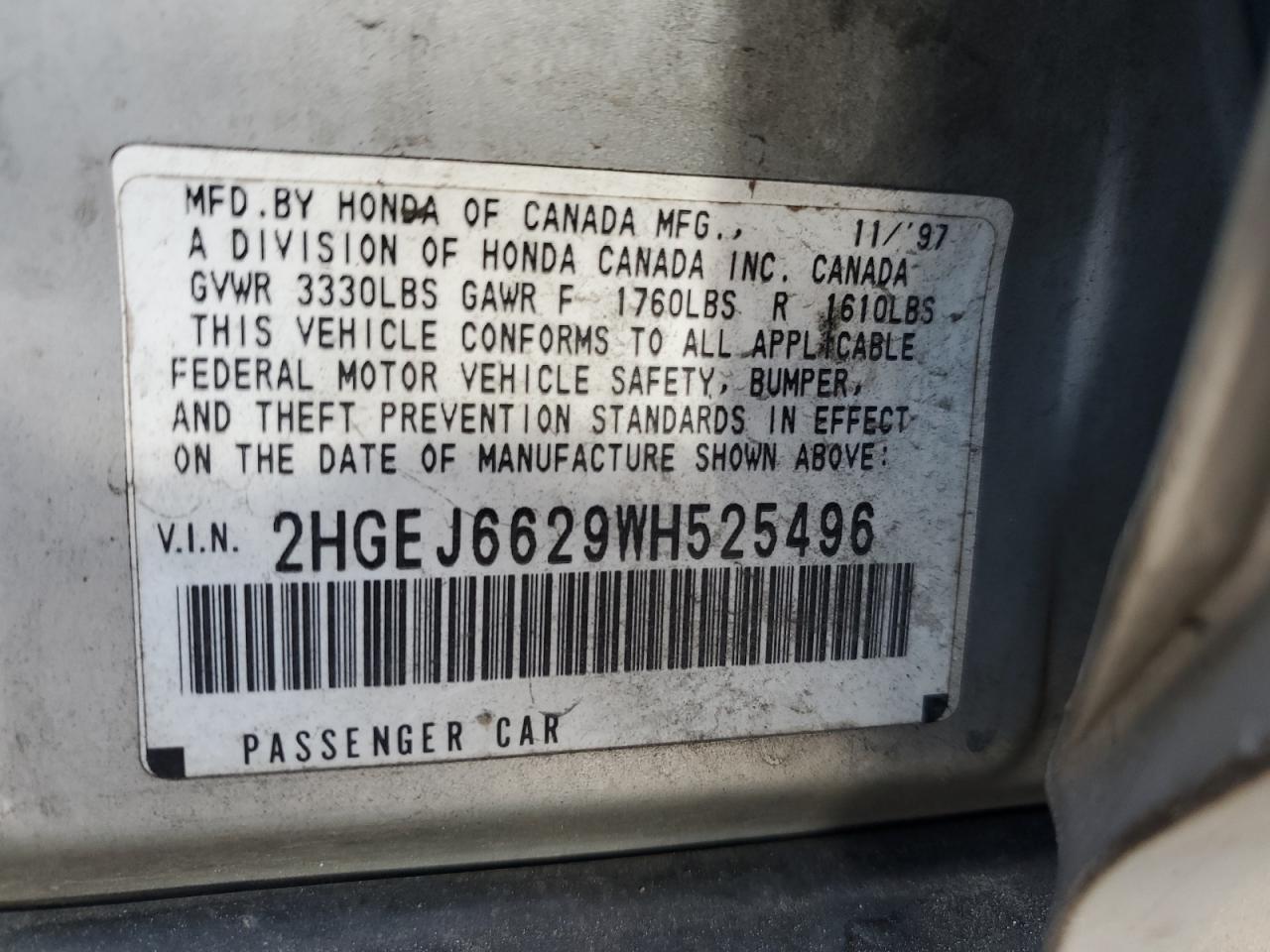 1998 Honda Civic Dx VIN: 2HGEJ6629WH525496 Lot: 90631745