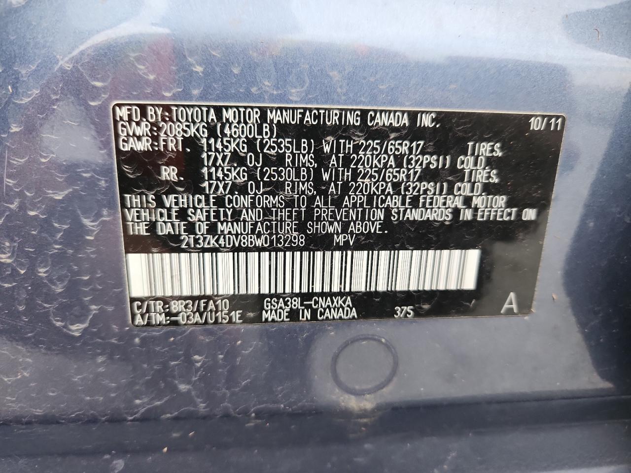 2011 Toyota Rav4 VIN: 2T3ZK4DV8BW013298 Lot: 86155245