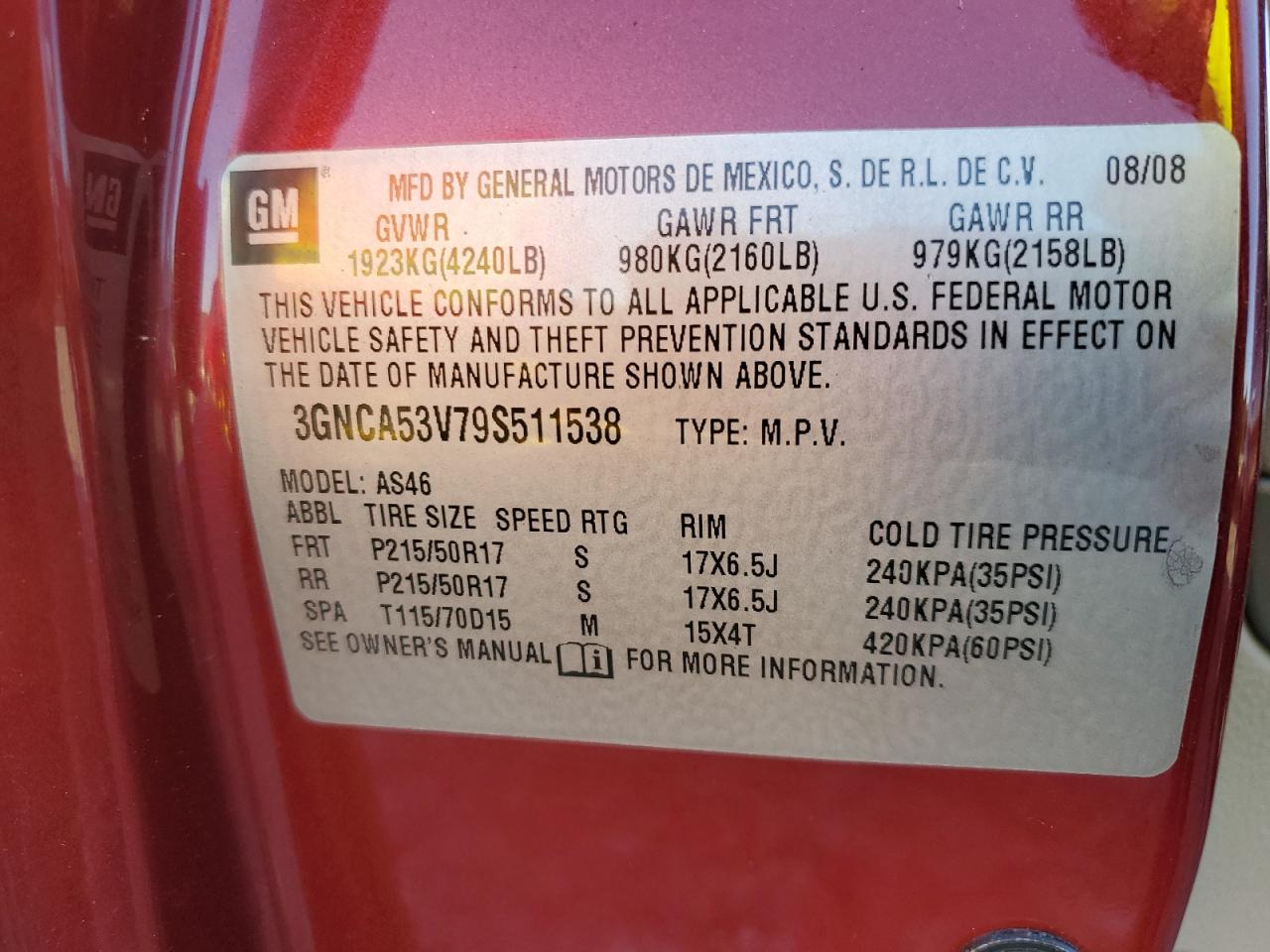 2009 Chevrolet Hhr Lt VIN: 3GNCA53V79S511538 Lot: 82666325