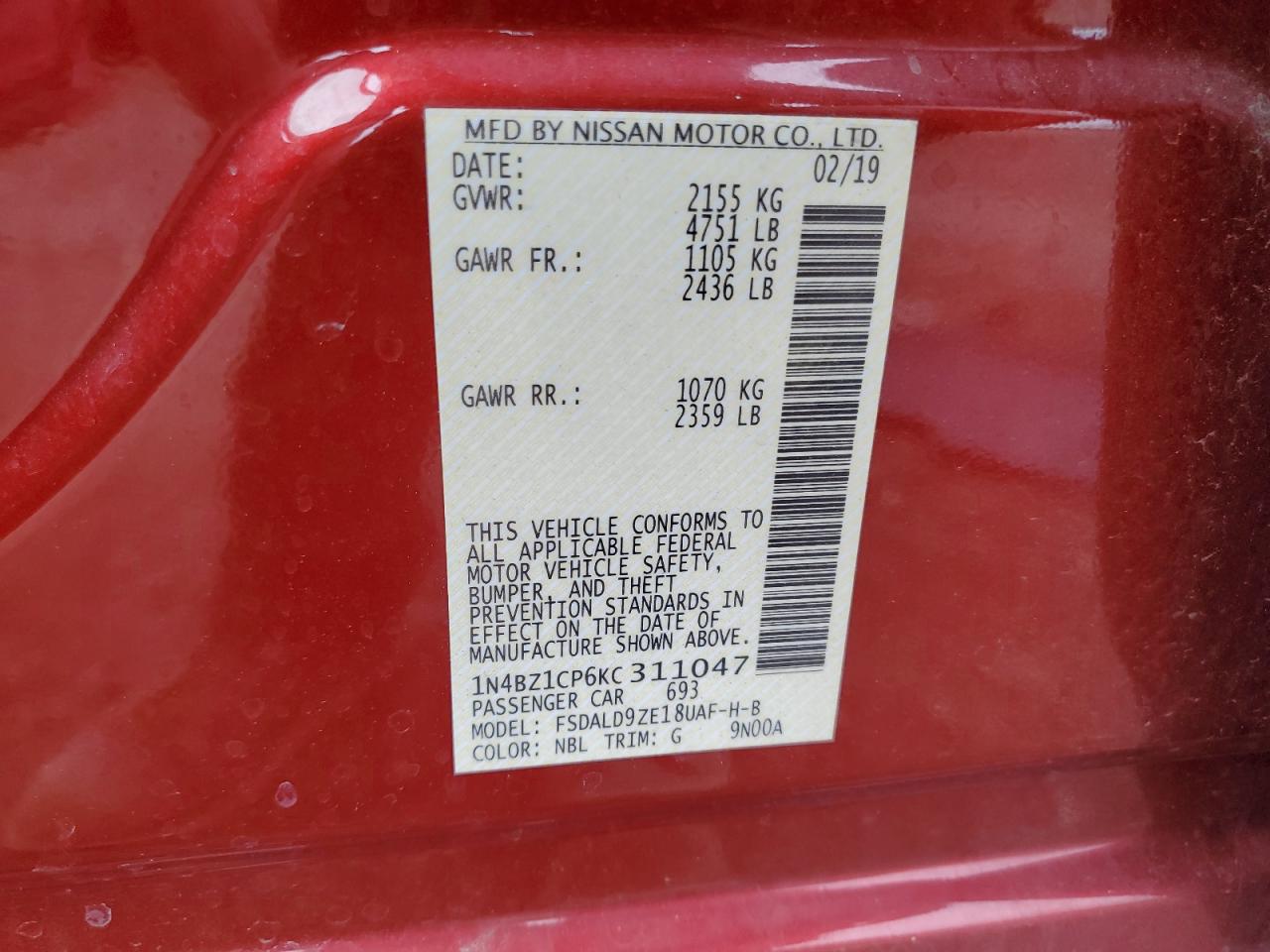 2019 Nissan Leaf S Plus VIN: 1N4BZ1CP6KC311047 Lot: 87394185