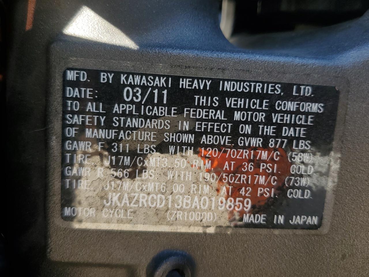 2011 Kawasaki Zr1000 D VIN: JKAZRCD13BA019859 Lot: 82185055